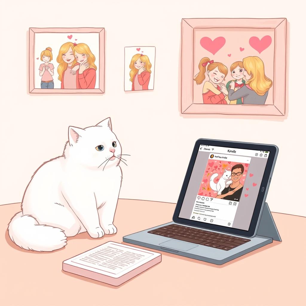 A delicate illustration in pastel tones featuring a laptop and tablet with a romantic Instagram page of Cupid open