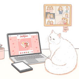 A delicate illustration in pastel tones featuring a laptop and tablet with a romantic Instagram page of Cupid open