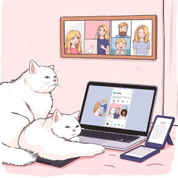 A delicate illustration in pastel tones featuring a laptop and tablet with a romantic Instagram page of Cupid open