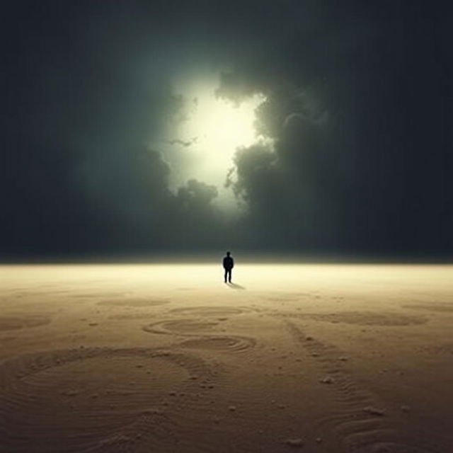 A vast emptiness as the background, with a single person representing 'Someone' and abstract elements representing 'Everything'