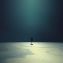 A vast emptiness as the background, with a single person representing 'Someone' and abstract elements representing 'Everything'