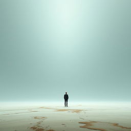 A vast emptiness as the background, with a single person representing 'Someone' and abstract elements representing 'Everything'