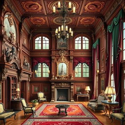 A beautifully detailed Victorian interior showcasing intricate woodwork, elegant furniture, and ornate decorations