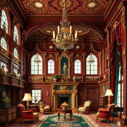 A beautifully detailed Victorian interior showcasing intricate woodwork, elegant furniture, and ornate decorations