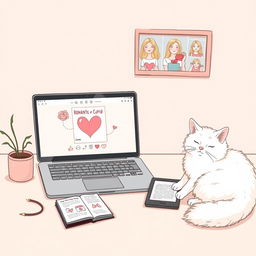 A delicate illustration in pastel tones featuring a laptop and tablet with a romantic Instagram page of Cupid open