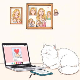 A delicate illustration in pastel tones featuring a laptop and tablet with a romantic Instagram page of Cupid open