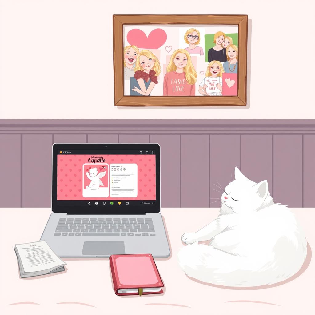 A delicate illustration in pastel tones featuring a laptop and tablet with a romantic Instagram page of Cupid open