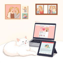 A delicate illustration in pastel tones featuring a laptop and tablet with a romantic Instagram page of Cupid open