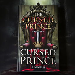 A book cover featuring an empty throne covered in blood, with a crown and a sword on it