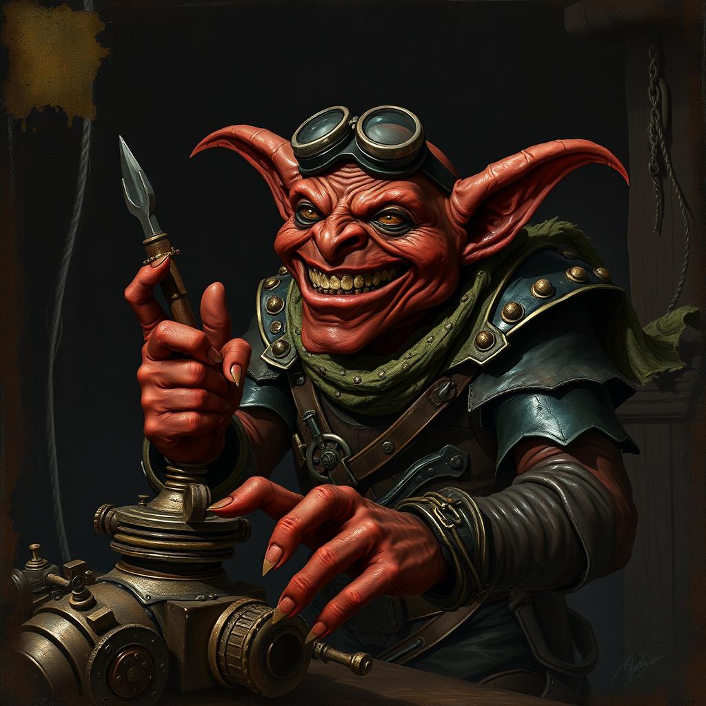 A mad male goblin artificer with dark red skin in steampunk times, wearing torn studded leather armor, outfitted with a pair of goggles and wielding a set of strange tools