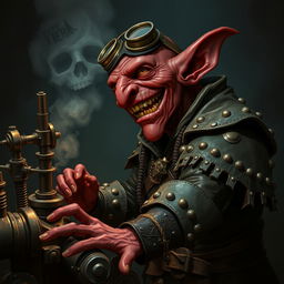 A mad male goblin artificer with dark red skin in steampunk times, wearing torn studded leather armor, outfitted with a pair of goggles and wielding a set of strange tools