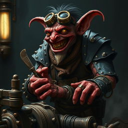 A mad male goblin artificer with dark red skin in steampunk times, wearing torn studded leather armor, outfitted with a pair of goggles and wielding a set of strange tools