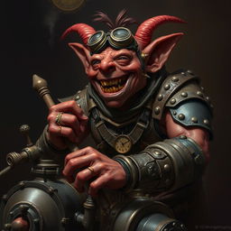 A mad male goblin artificer with dark red skin in steampunk times, wearing torn studded leather armor, outfitted with a pair of goggles and wielding a set of strange tools