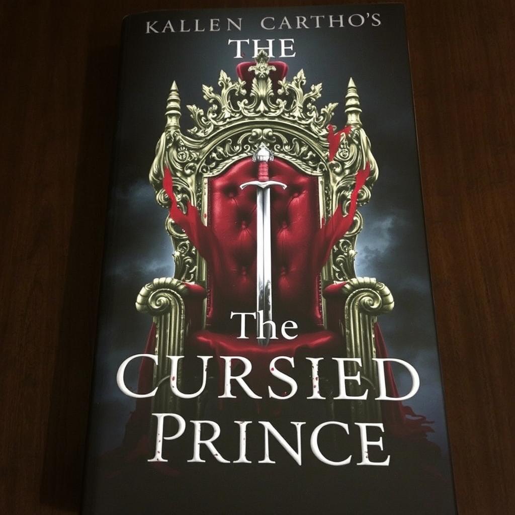 A book cover featuring an empty throne covered in blood, with a crown and a sword on it