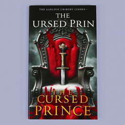 A book cover featuring an empty throne covered in blood, with a crown and a sword on it