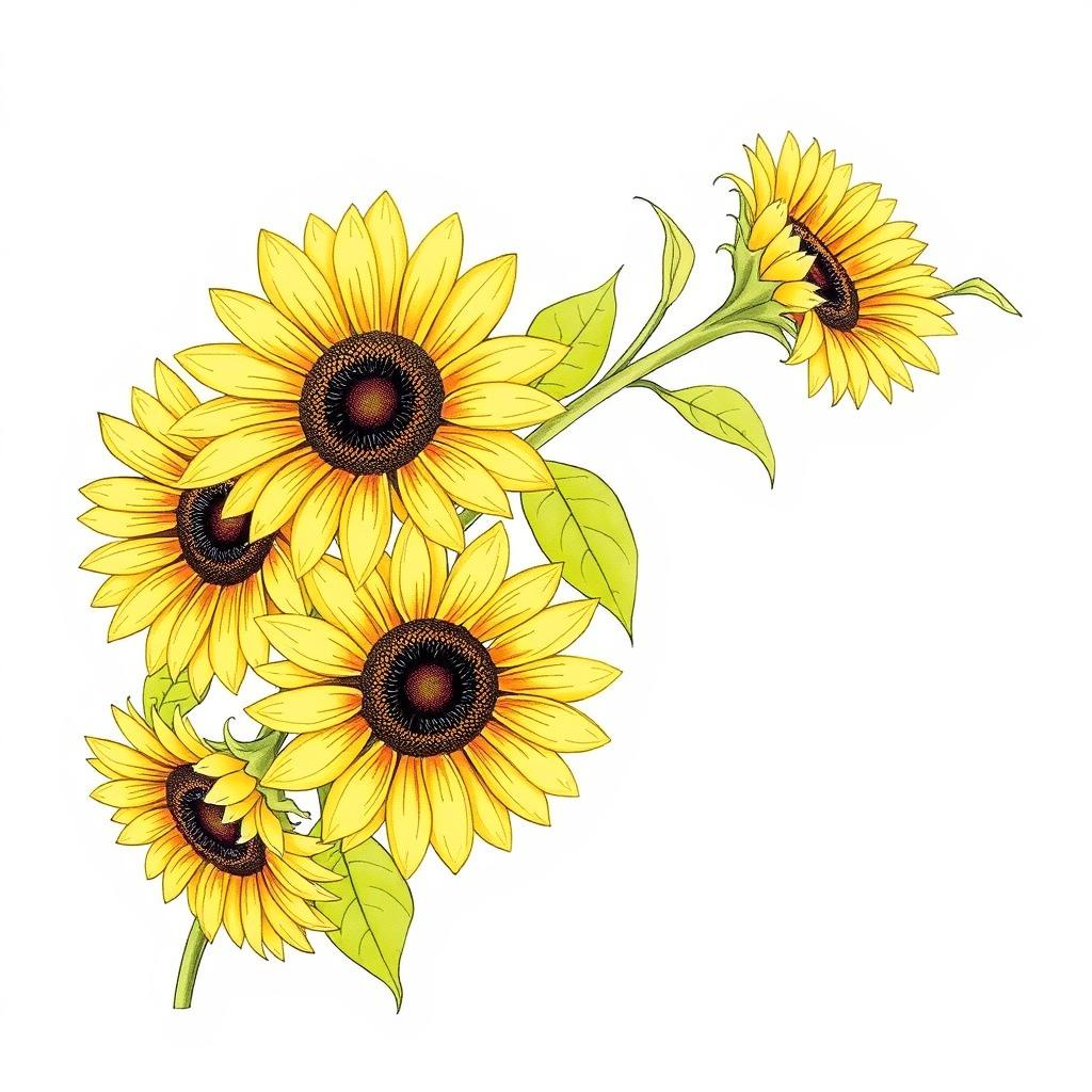 Dibujo de un ramo de girasoles con contornos bien definidos