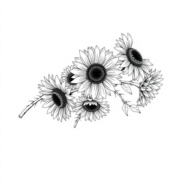 Dibujo de un ramo de girasoles con contornos bien definidos