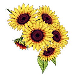 Dibujo de un ramo de girasoles con contornos bien definidos