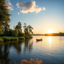 A serene landscape featuring a peaceful lake surrounded by lush greenery and tall trees