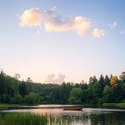 A serene landscape featuring a peaceful lake surrounded by lush greenery and tall trees