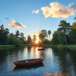 A serene landscape featuring a peaceful lake surrounded by lush greenery and tall trees