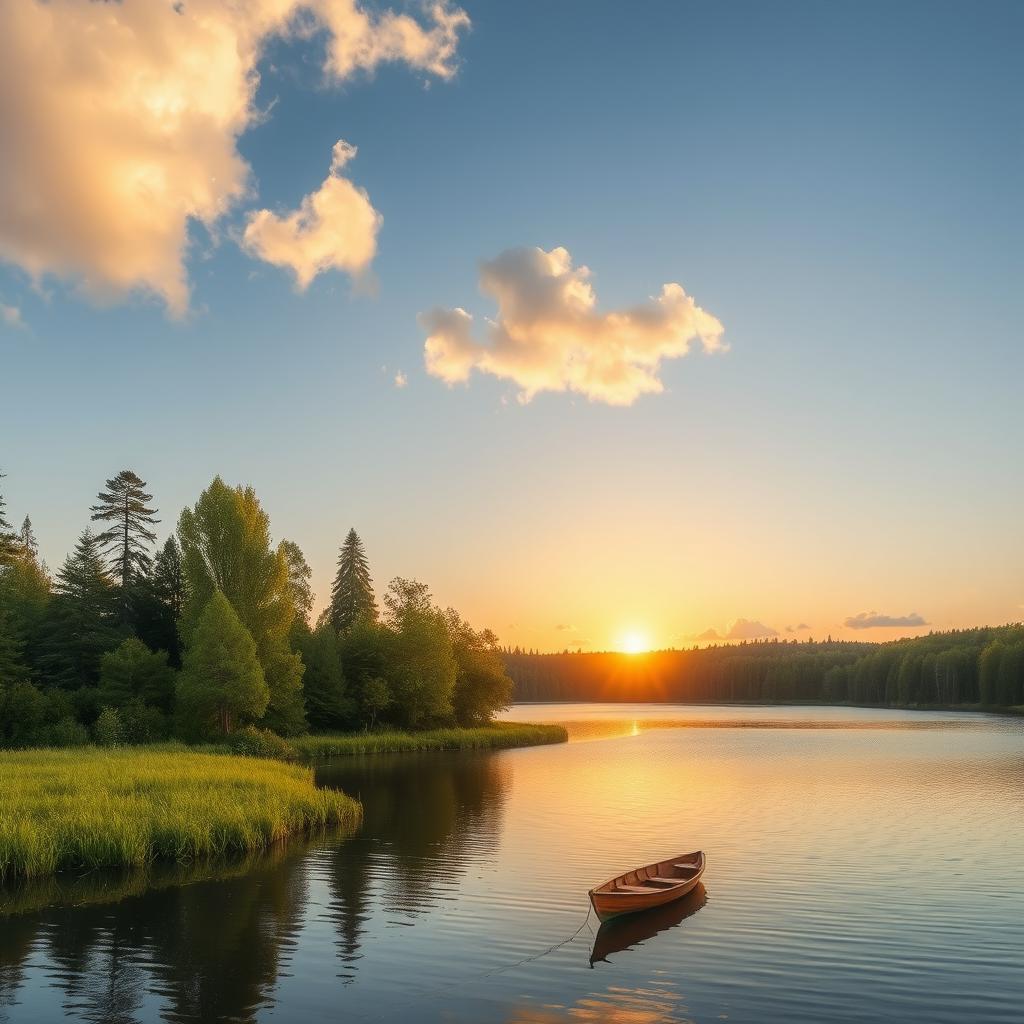 A serene landscape featuring a peaceful lake surrounded by lush greenery and tall trees