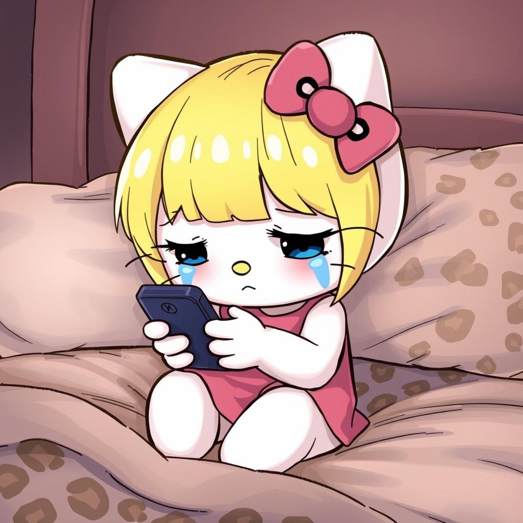 A detailed illustration of Hello Kitty with blonde hair styled in curtain bangs, crying while texting on a phone