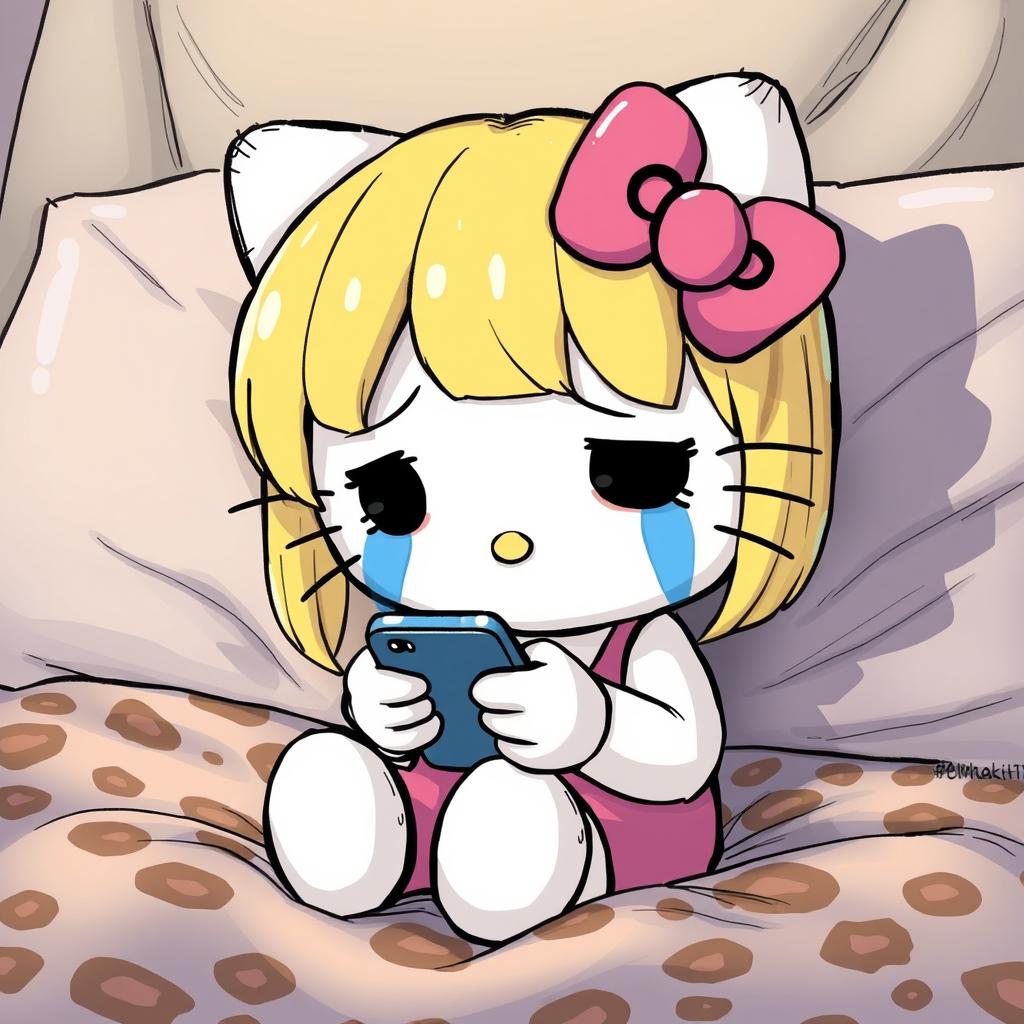 A detailed illustration of Hello Kitty with blonde hair styled in curtain bangs, crying while texting on a phone