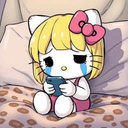 A detailed illustration of Hello Kitty with blonde hair styled in curtain bangs, crying while texting on a phone