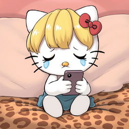 A detailed illustration of Hello Kitty with blonde hair styled in curtain bangs, crying while texting on a phone