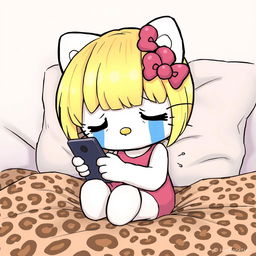 A detailed illustration of Hello Kitty with blonde hair styled in curtain bangs, crying while texting on a phone