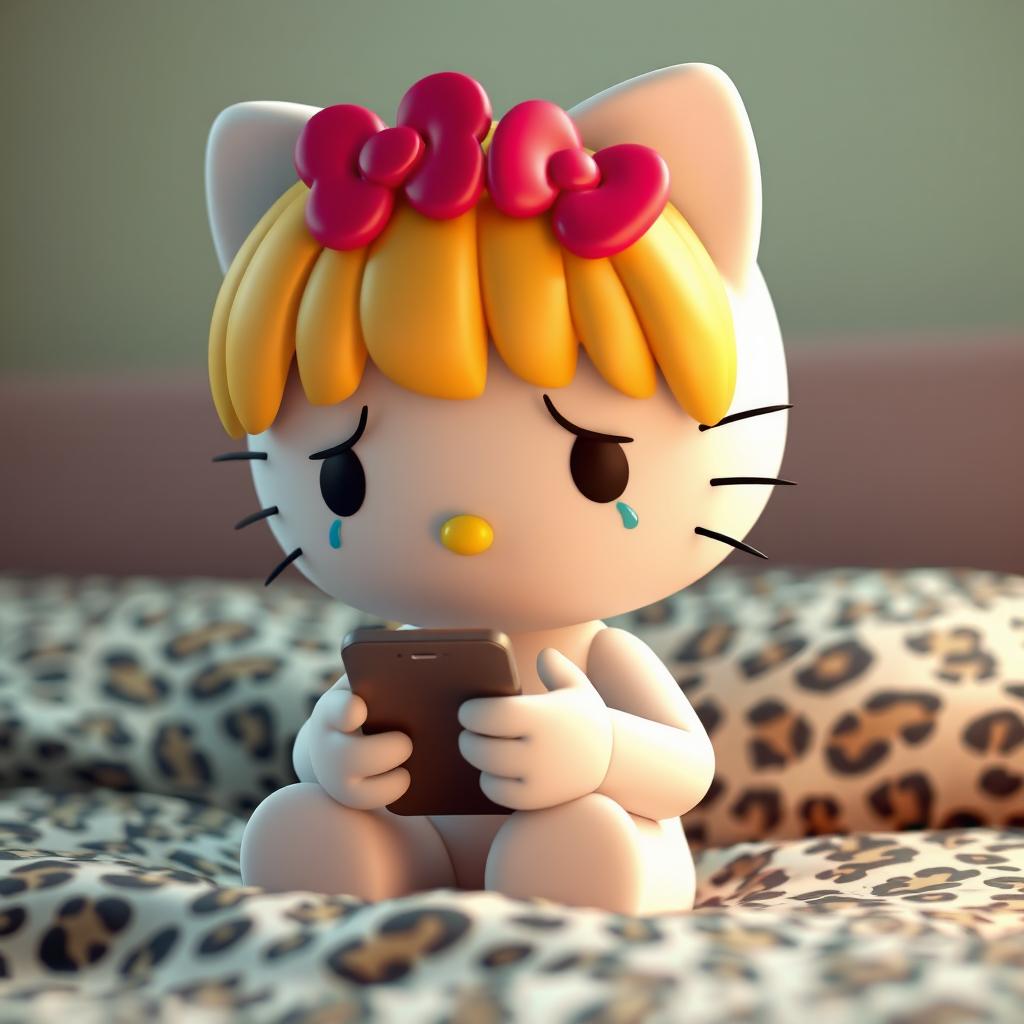 A 3D rendering of Hello Kitty with blonde hair styled in curtain bangs, crying while texting on a phone