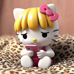 A 3D rendering of Hello Kitty with blonde hair styled in curtain bangs, crying while texting on a phone