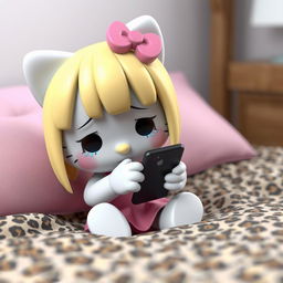 A 3D rendering of Hello Kitty with blonde hair styled in curtain bangs, crying while texting on a phone