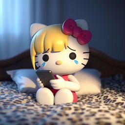 A 3D rendering of Hello Kitty with blonde hair styled in curtain bangs, crying while texting on a phone