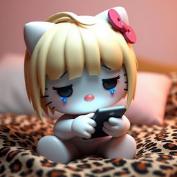 A 3D rendering of Hello Kitty with realistic dirty blonde hair, crying while texting on a phone