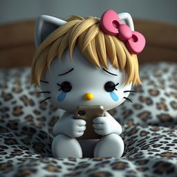 A 3D rendering of Hello Kitty with realistic dirty blonde hair, crying while texting on a phone