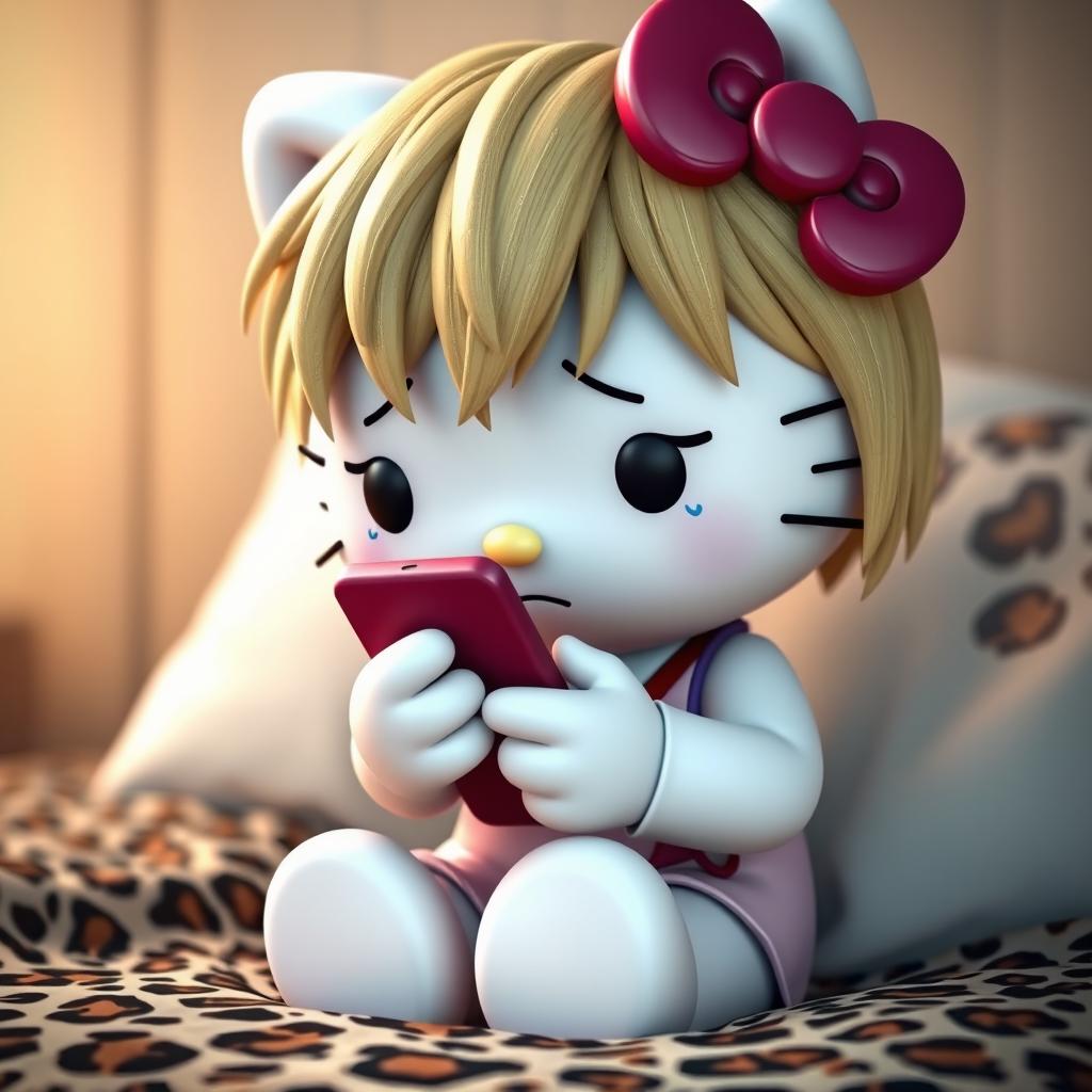 A 3D rendering of Hello Kitty with realistic dirty blonde hair, crying while texting on a phone