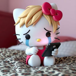 A 3D rendering of Hello Kitty with realistic dirty blonde hair, crying while texting on a phone