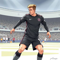 A detailed illustration of a soccer player in action, wearing a stylish and form-fitting uniform