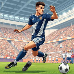 A detailed illustration of a soccer player in action, wearing a stylish and form-fitting uniform