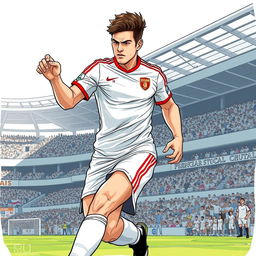 A detailed illustration of a soccer player in action, wearing a stylish and form-fitting uniform