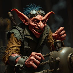 A mad male goblin artificer with dark red skin in steampunk times, wearing torn, ragged, oily clothing