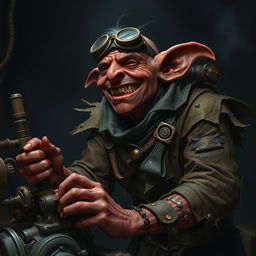 A mad male goblin artificer with dark red skin in steampunk times, wearing torn, ragged, oily clothing