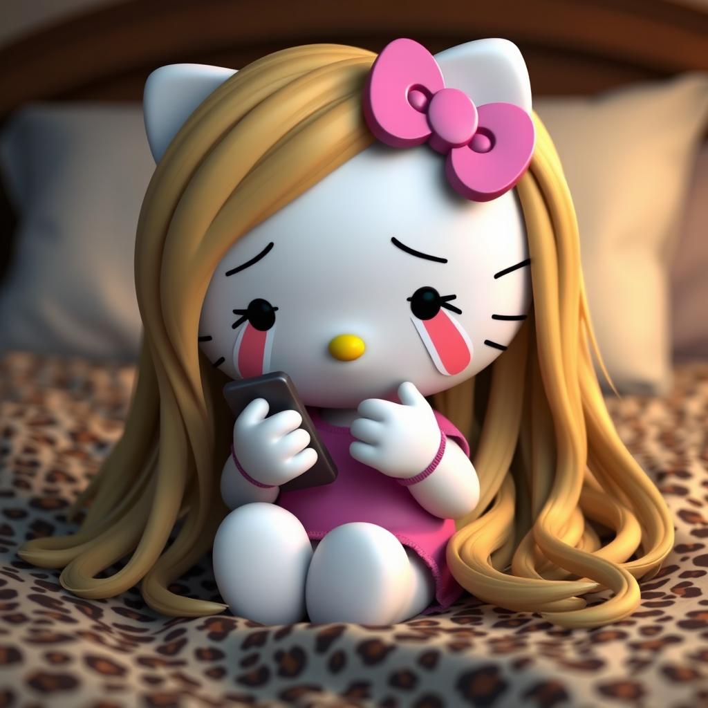 A 3D rendering of Hello Kitty with long, realistic dirty blonde hair, crying while texting on a phone