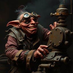 A mad male goblin artificer with dark red skin in steampunk times, wearing torn, ragged, oily clothing