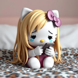 A 3D rendering of Hello Kitty with long, realistic dirty blonde hair, crying while texting on a phone