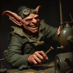 A mad male goblin artificer with dark red skin in steampunk times, wearing torn, ragged, oily clothing