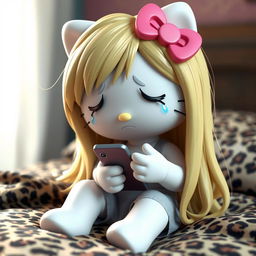 A 3D rendering of Hello Kitty with long, realistic dirty blonde hair, crying while texting on a phone