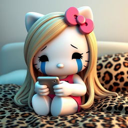 A 3D rendering of Hello Kitty with long, realistic dirty blonde hair, crying while texting on a phone